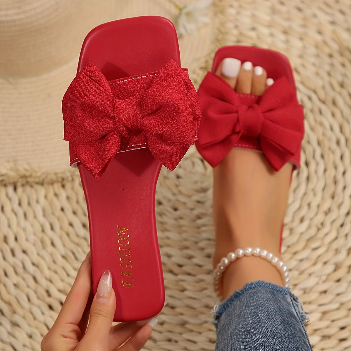 Women's Bowknot Decor Slide Sandals - Fashion Square Open Toe Flat Summer Shoes, Lightweight Slide Sandals - For Women - Perfect for Summer Beach, Vacation & Casual Wear - Ideal Gift for Her
